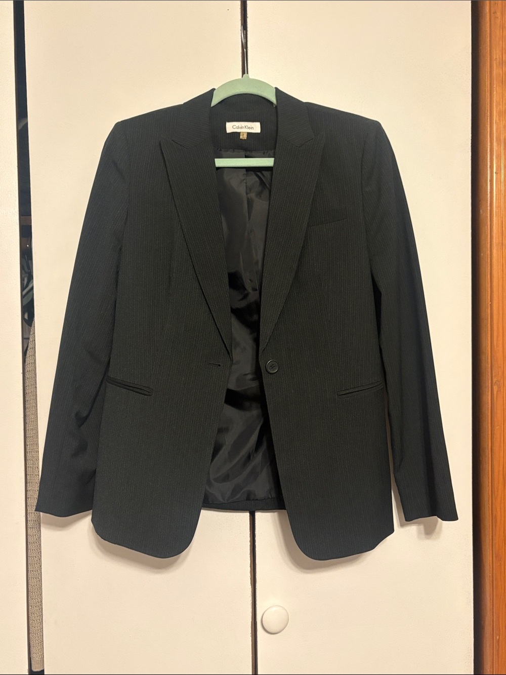 Calvin Klein Woman’s Black Pinstripe Single-Button Blazer